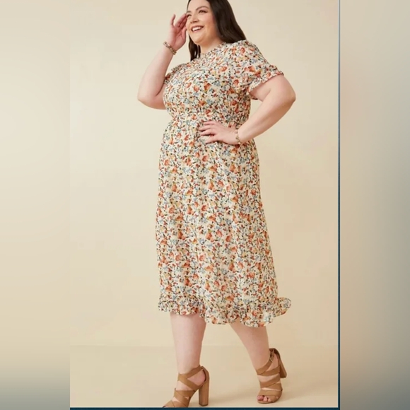 NWT Hayden The Becca Off White Floral Smocked Neck Midi Dress Modest 1XL Cream - Picture 3 of 10